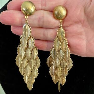 Vintage Gold Tone Leaf Dangle Statement Earrings